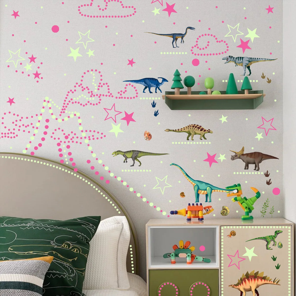 Detachable Waterproof Self-adhesive Dinosaurs And Stars Green Luminous Wall Stickers 1 Set Of  Children's Room Decoration