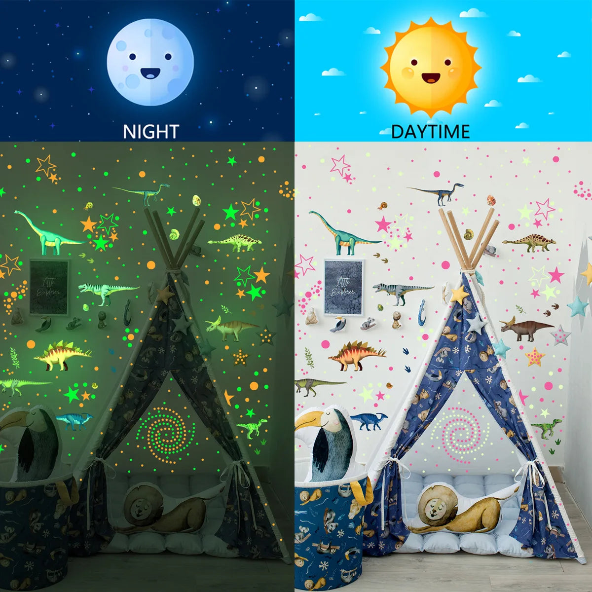 Detachable Waterproof Self-adhesive Dinosaurs And Stars Green Luminous Wall Stickers 1 Set Of  Children's Room Decoration