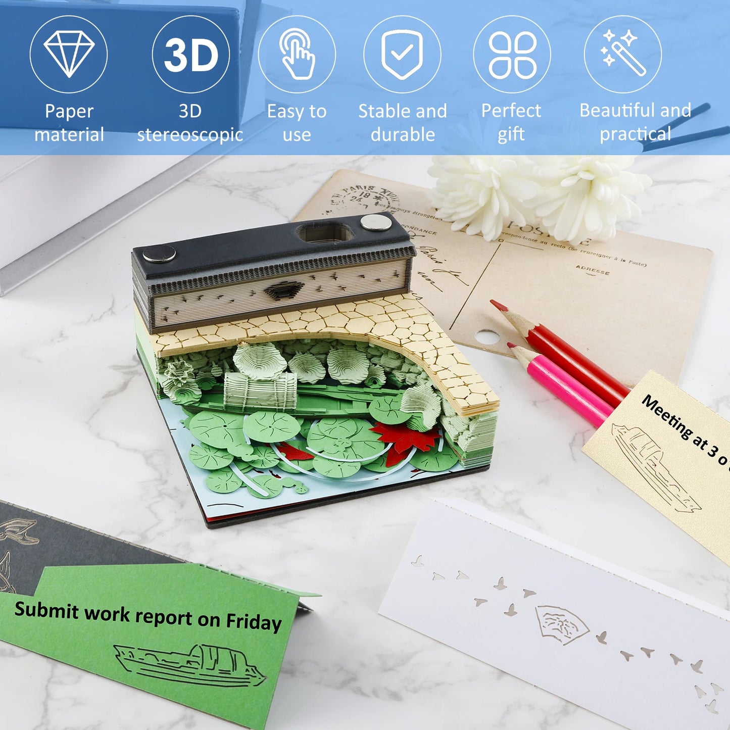 3D Lotus Pond Note Pad Tear-Away 3D Memo Pad Paper Carving Art Creative DIY Notes with Pen Holder for Desktop Decor or Gift