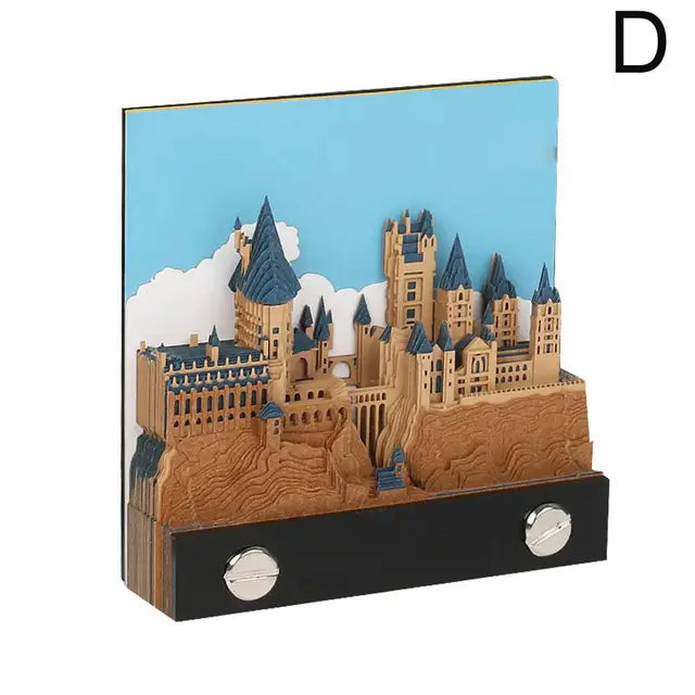 3D Memo Pad, 2024 Desk Calendar Memo Pad, 3D Magic Castle Weekly Calendar Notepad with Light Stationery Accessories Pen Holder