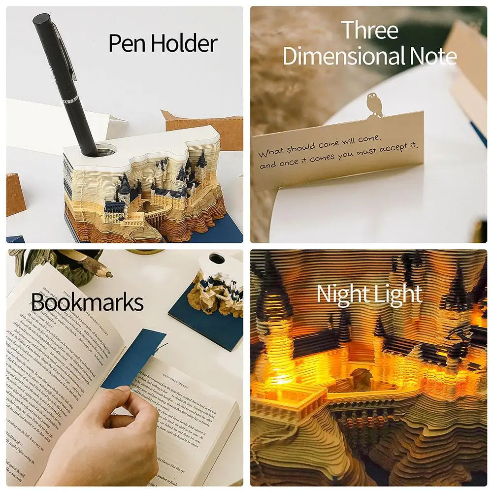 3D Memo Pad, 2024 Desk Calendar Memo Pad, 3D Magic Castle Weekly Calendar Notepad with Light Stationery Accessories Pen Holder