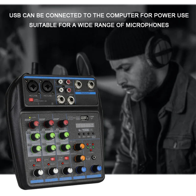 4 Channel Mixer DJ Mixing Console with Bluetooth 48V Phantom Power Monitor Karaoke System USB Mixer Audio