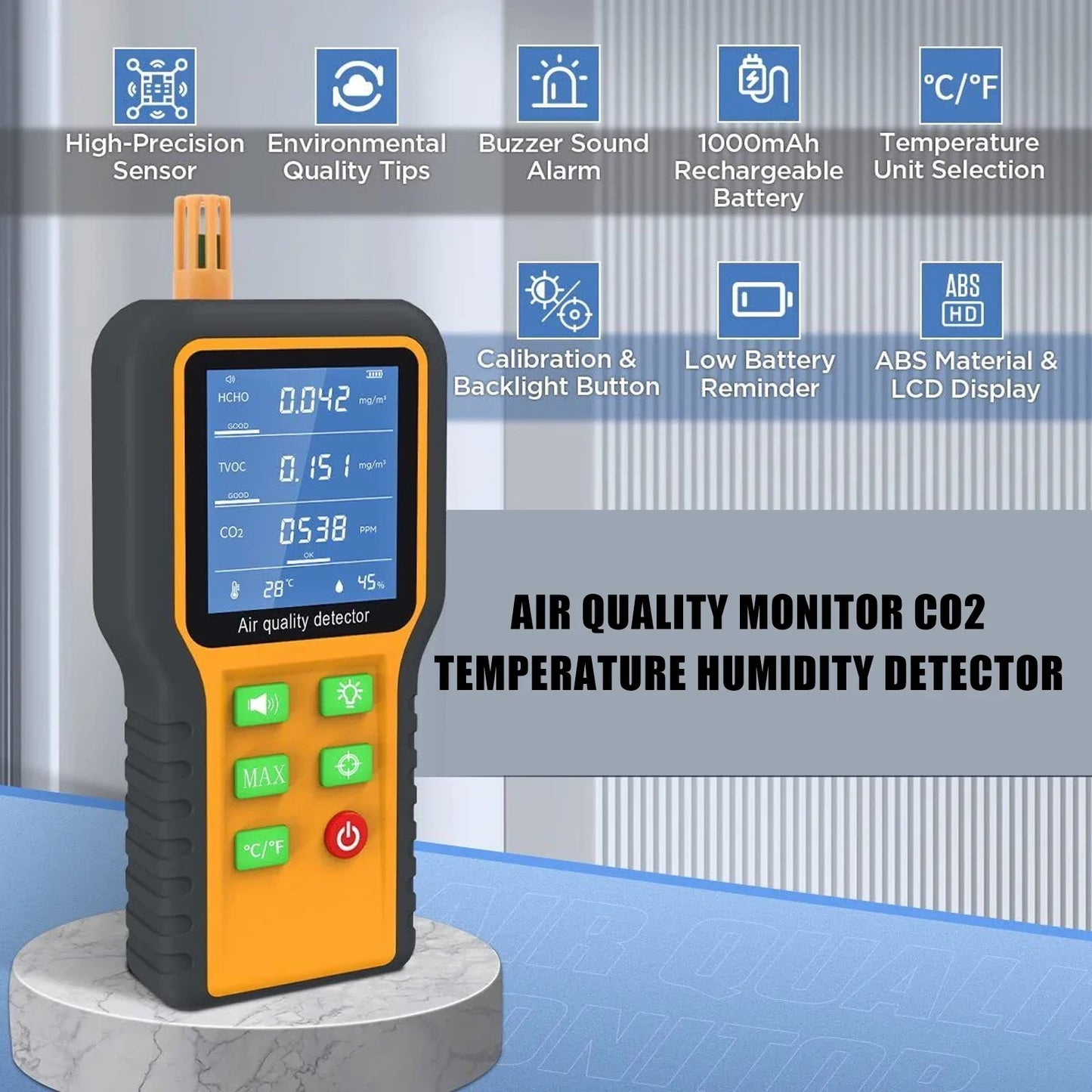 5 in 1 Portable Air Quality Monitor CO2 TVOC HCHO Tester Temperature Humidity Meter LCD Backlit Display Carbon Dioxide Detector