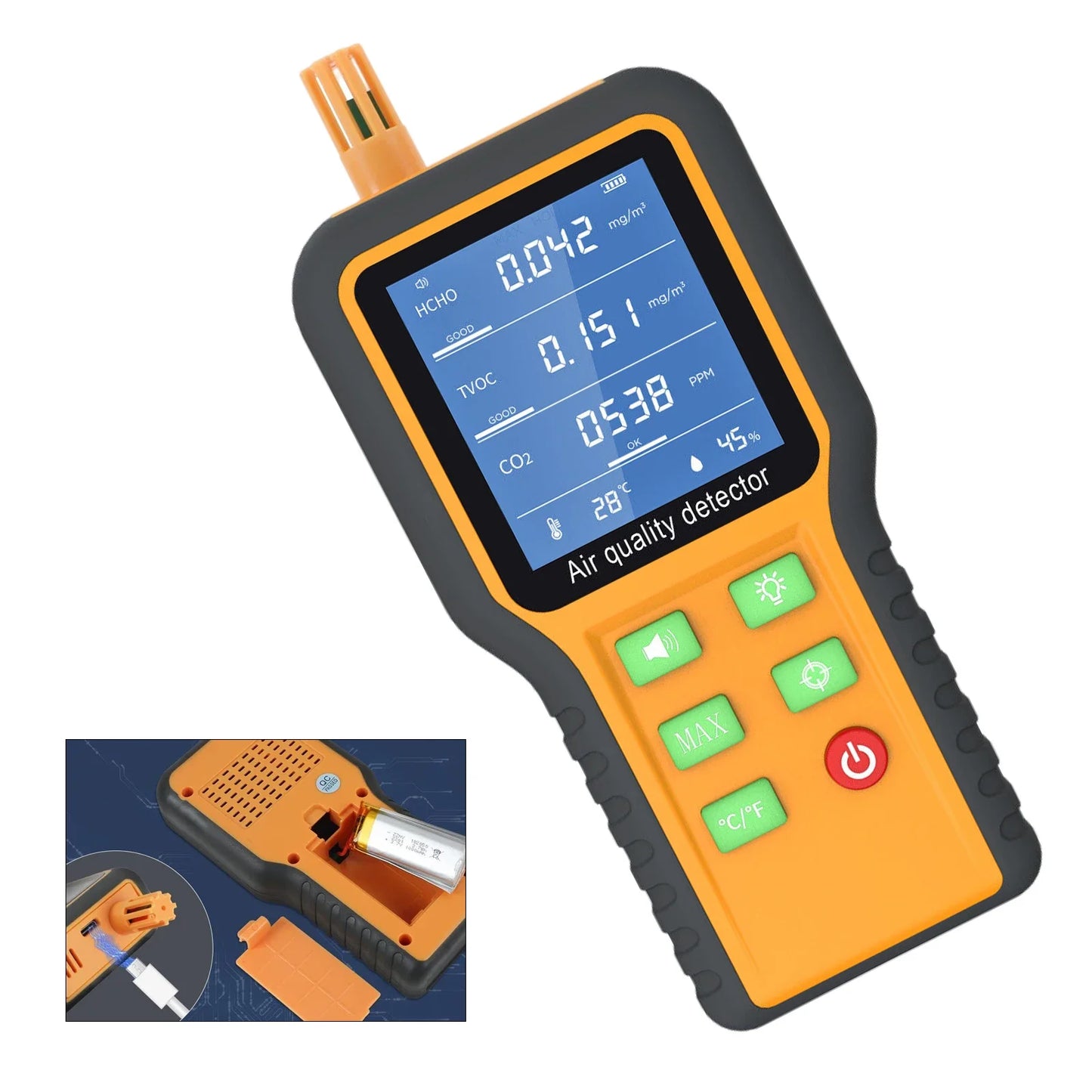 5 in 1 Portable Air Quality Monitor CO2 TVOC HCHO Tester Temperature Humidity Meter LCD Backlit Display Carbon Dioxide Detector