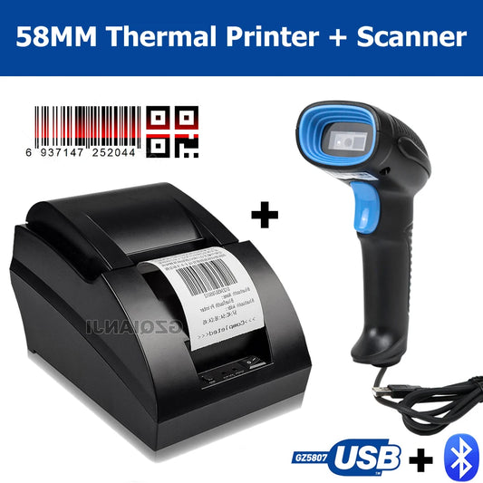 58mm Thermal USB Bluetooth 2 inch Receipt Bill Printer Barcode Scanner Laser 1D Code Reader Pos System for Supermarket Inventory