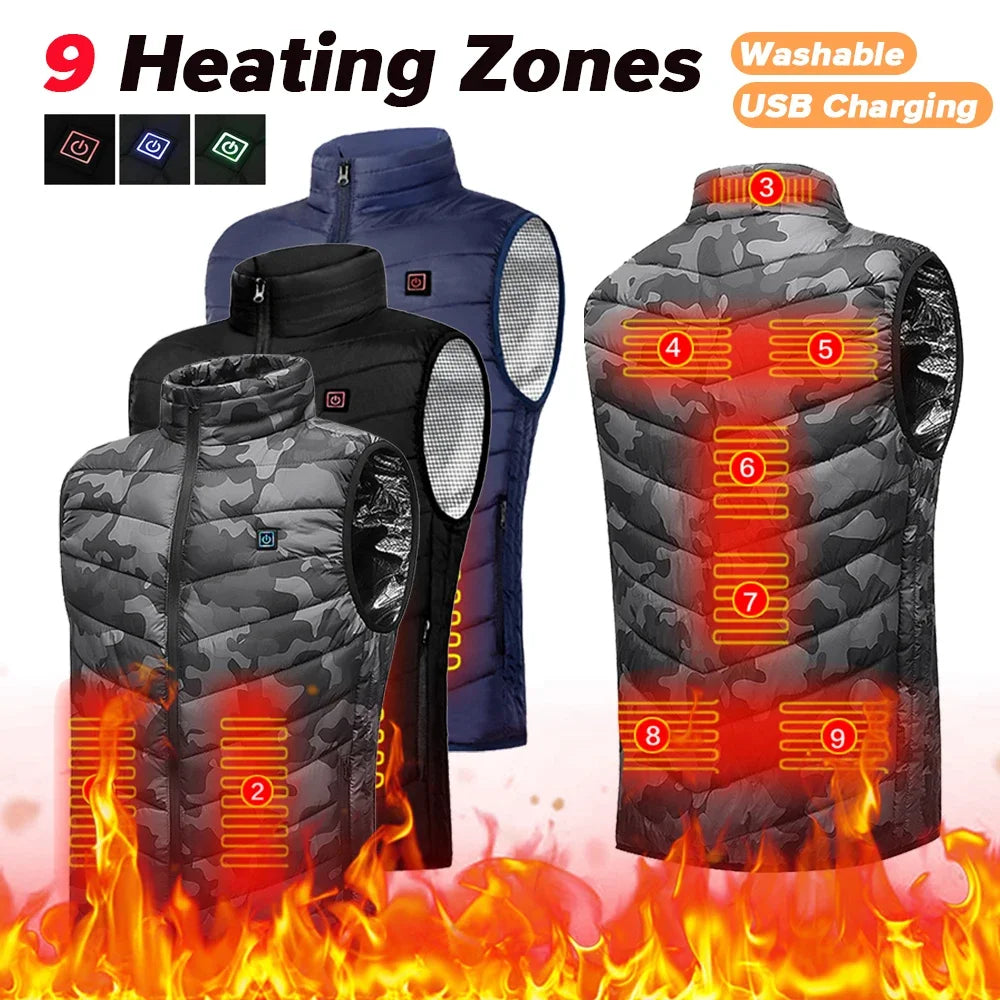 9 Heated Vest Zones Electric Heated Jackets Men's Winter Jacket Outdoor Sportswear USB Winter Heating Vest Thermal Clothing