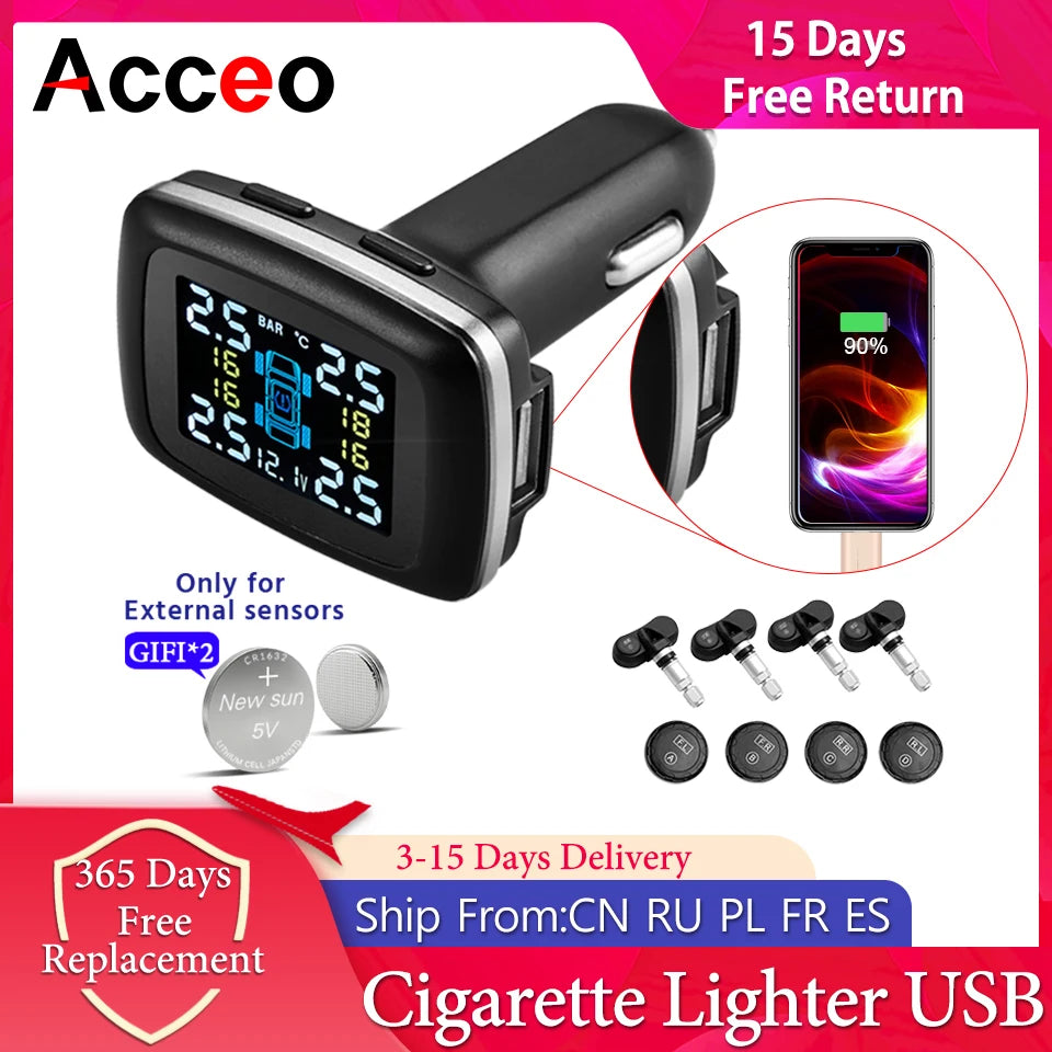 ACCEO Smart Cigarette Lighter USB TPMS Car Tire Pressure Alarm Monitor System 4 Sensors Display Tyre Pressure Temperature Alarm