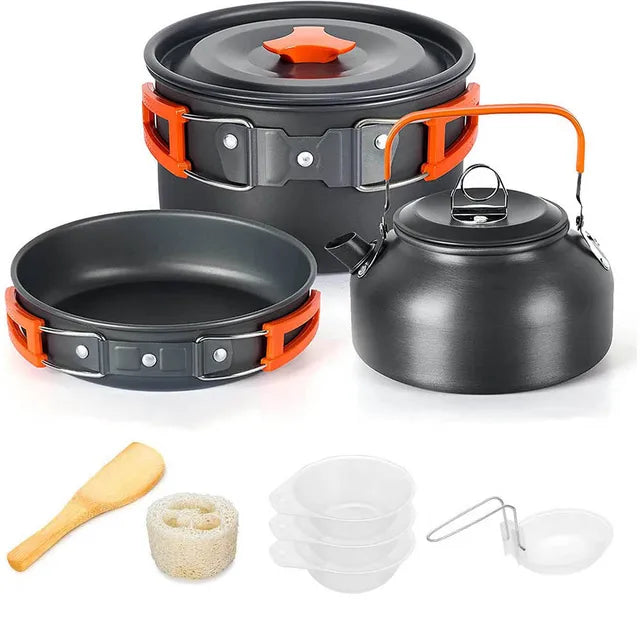 Aluminum Outdoor Camping Cookware Set with Mesh Bag Folding Cookset Camping Kitchen Cooking Teapot and Pans Equipment