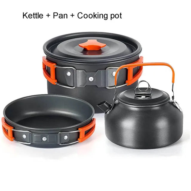 Aluminum Outdoor Camping Cookware Set with Mesh Bag Folding Cookset Camping Kitchen Cooking Teapot and Pans Equipment