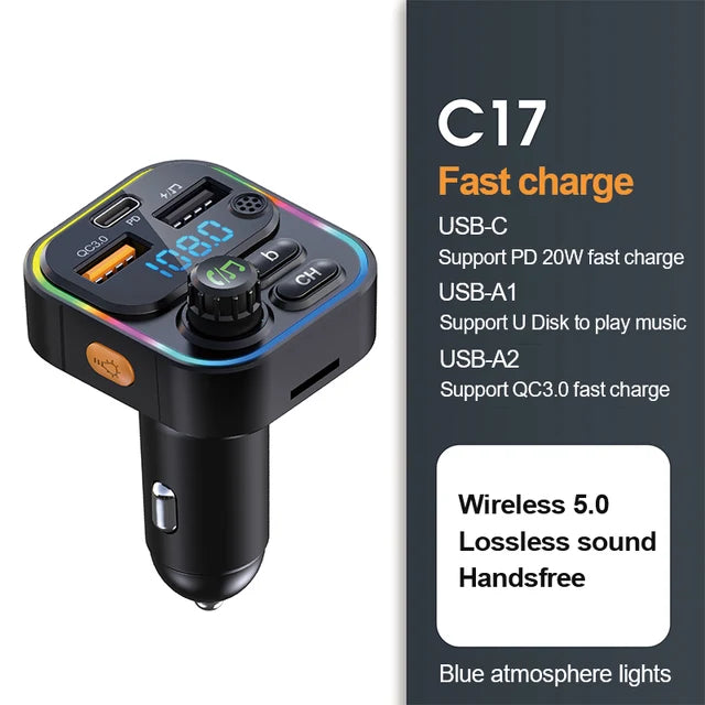 Bluetooth 5.0 FM Transmitter Handsfree Car Radio Modulator MP3 Player With 22.5W USB Super Quick Charge Adapter for Car