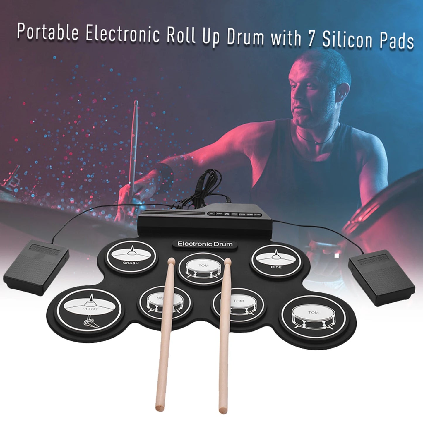 Electronic Drum Set USB Roll-Up Silicon Drums Pad Digital Foldable Electric Portable Compact Size Kit Hand Practice With Pedal