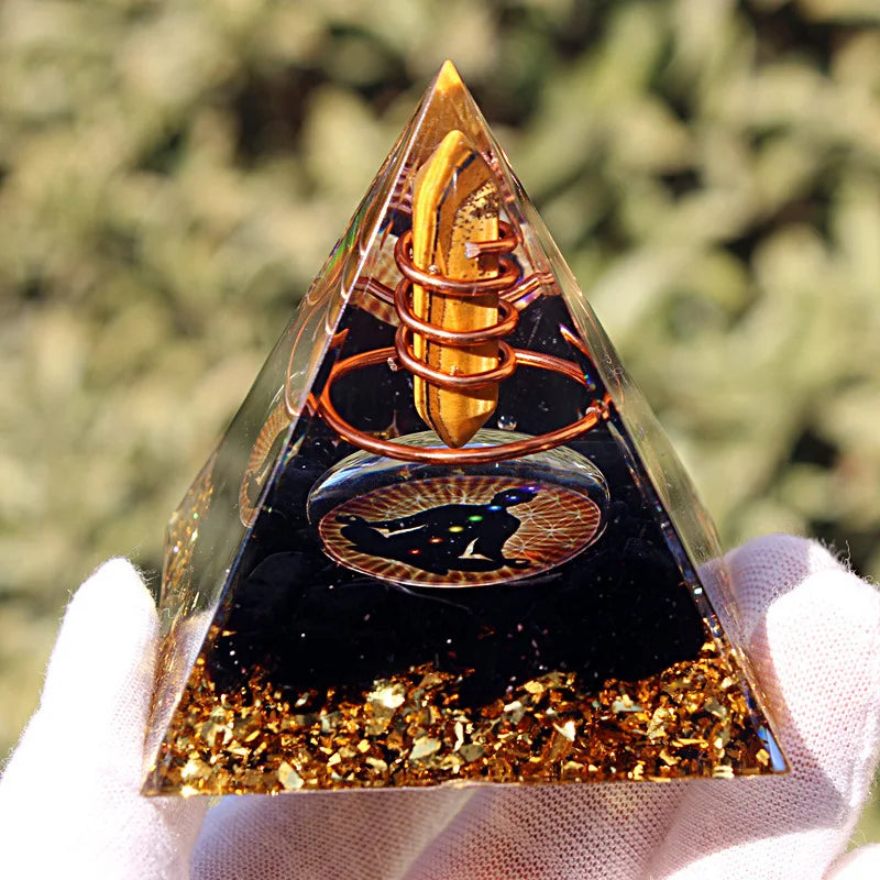 Energy Pyramid Orgonite Reiki Yellow Tiger Eye Hexagon Column Healing Crystals Chakra Tool Ornaments Resin Stones Craft 6CM