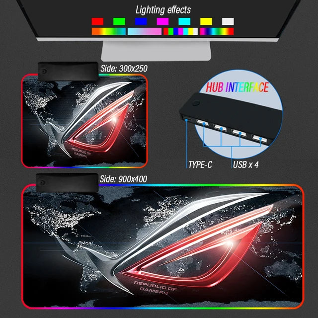 Extension Republic of Gamers Mouse Pad ROG Desk Rug Rigid Carpet Non-Slip RGB Backlight Luminous 4 USB Type C HUB Custom Mat