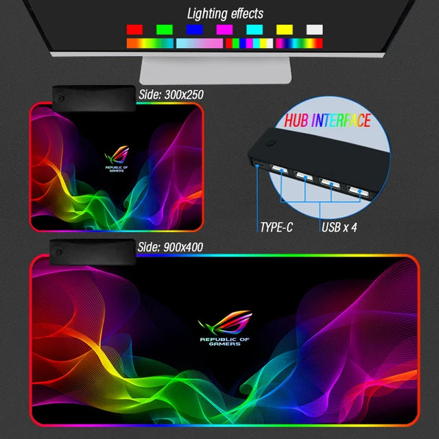 Extension Republic of Gamers Mouse Pad ROG Desk Rug Rigid Carpet Non-Slip RGB Backlight Luminous 4 USB Type C HUB Custom Mat