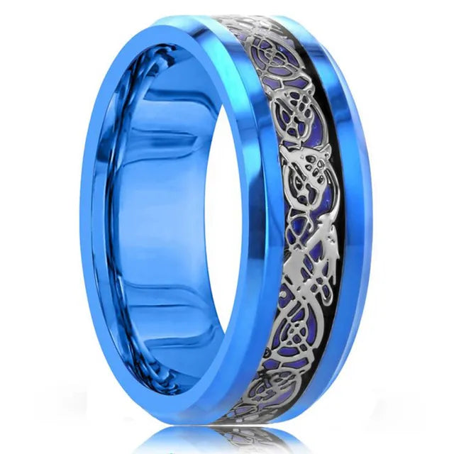 Fashion 8mm Red Groove Beveled Edge Stainless Steel Celtic Dragon Rings for Men Zircon Inlay Carbon Fibre Ring Men Wedding Band