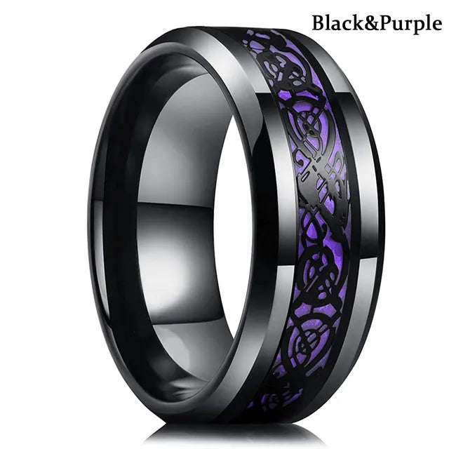 Fashion 8mm Red Groove Beveled Edge Stainless Steel Celtic Dragon Rings for Men Zircon Inlay Carbon Fibre Ring Men Wedding Band