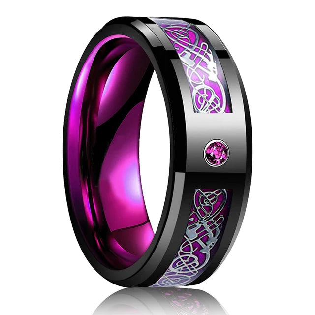 Fashion 8mm Red Groove Beveled Edge Stainless Steel Celtic Dragon Rings for Men Zircon Inlay Carbon Fibre Ring Men Wedding Band