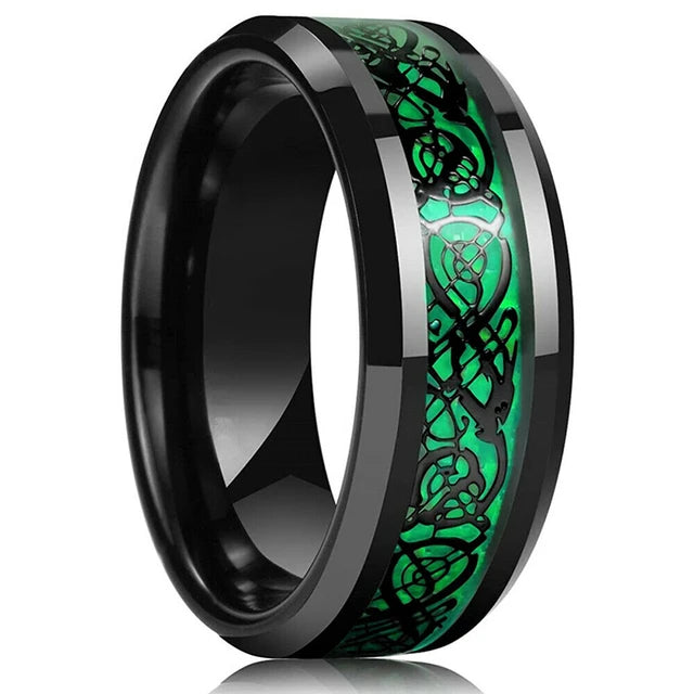 Fashion 8mm Red Groove Beveled Edge Stainless Steel Celtic Dragon Rings for Men Zircon Inlay Carbon Fibre Ring Men Wedding Band