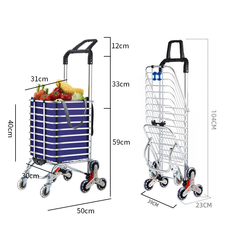 Grocery Cart Folding Portable Shopping Aluminum Alloy Lightweight Step Climbing Trolley with Telescopic Rod 35L Big Capacity