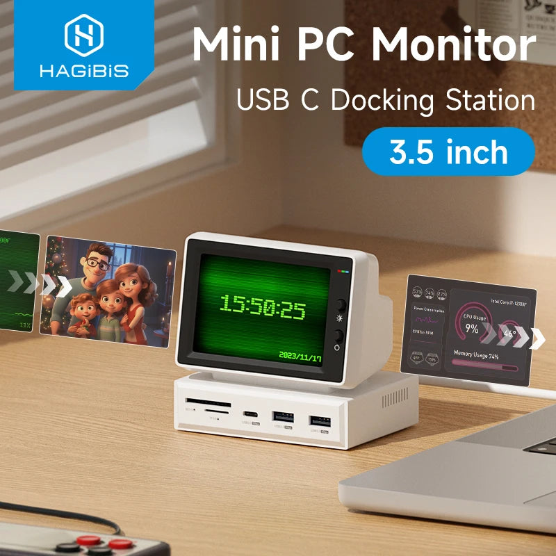 Hagibis 3.5inch IPS Mini Screen AIDA64 Mini PC CPU RAM HDD Data Monitor Display Sub Screen with USB C Hub for Laptop PC MacBook