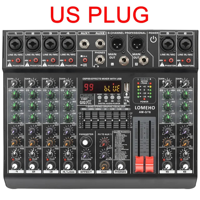 LOMEHO 6 Channels Audio DJ Mixer Individual 48V 2 AUX Output Mixing Console 99 Effect USB Bluetooth Play Sound Mix Table AM-GT6