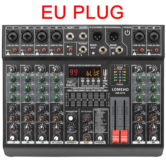 LOMEHO 6 Channels Audio DJ Mixer Individual 48V 2 AUX Output Mixing Console 99 Effect USB Bluetooth Play Sound Mix Table AM-GT6