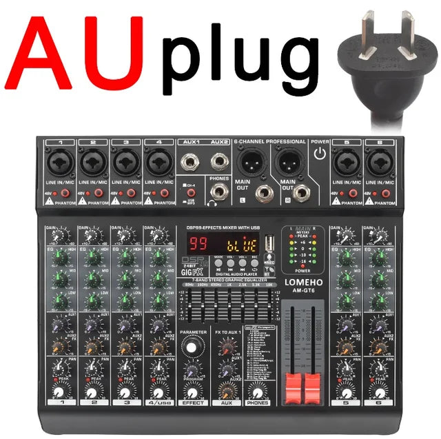 LOMEHO 6 Channels Audio DJ Mixer Individual 48V 2 AUX Output Mixing Console 99 Effect USB Bluetooth Play Sound Mix Table AM-GT6