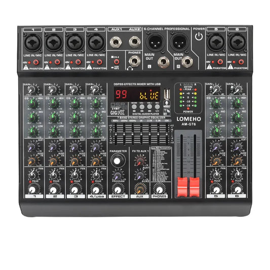 LOMEHO 6 Channels Audio DJ Mixer Individual 48V 2 AUX Output Mixing Console 99 Effect USB Bluetooth Play Sound Mix Table AM-GT6