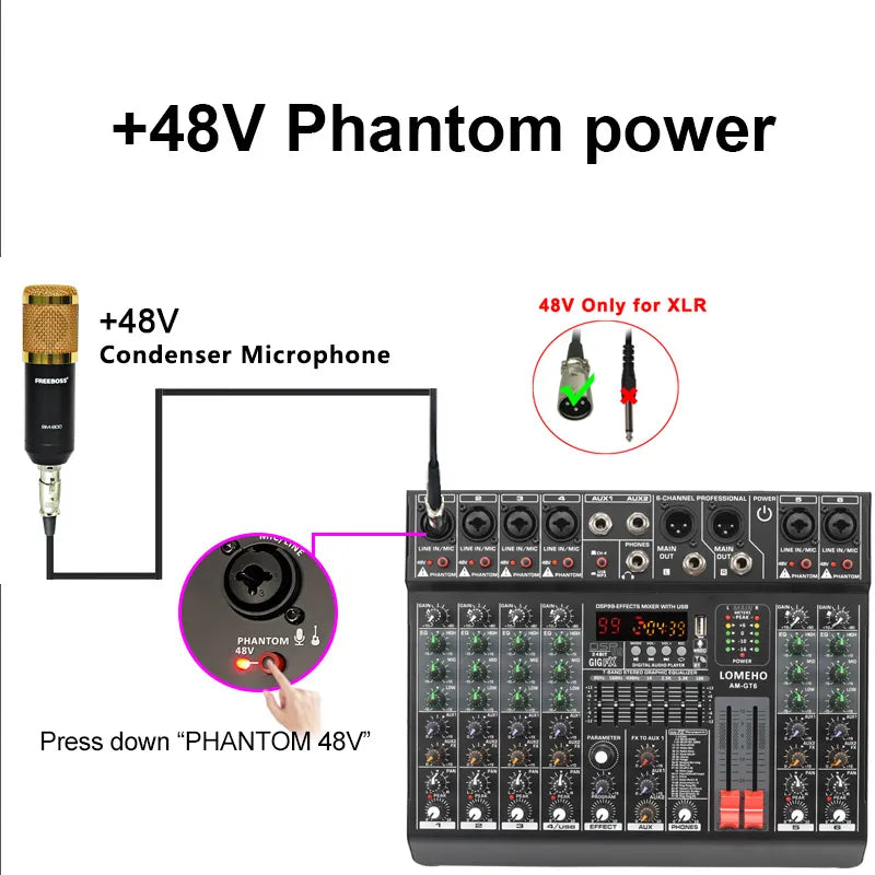 LOMEHO 6 Channels Audio DJ Mixer Individual 48V 2 AUX Output Mixing Console 99 Effect USB Bluetooth Play Sound Mix Table AM-GT6