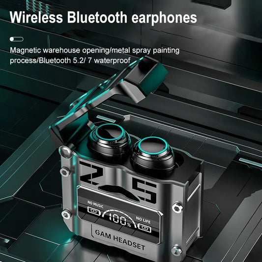 M25 Wireless Bluetooth 5.2 Magnetic Hatch Metal Mechanical Style Dual Ear Digital Display In Ear Sport Bluetooth