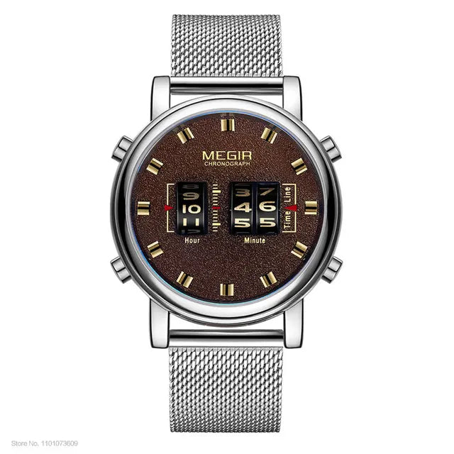 MEGIR 2020 New Luxury Watches Men Military Sport Roller Pointer Quartz Watch Man Fashion Stainless Steel Mesh Strap Wristwatch