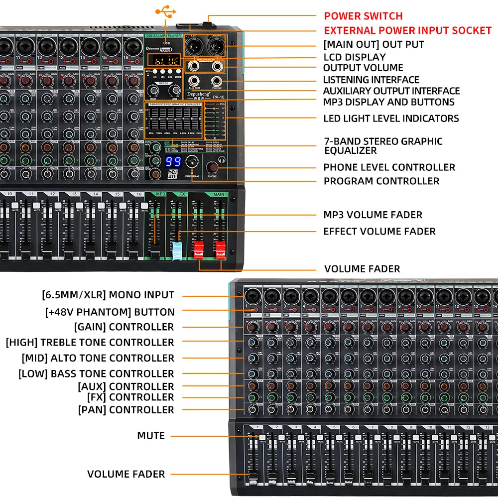 Mixing Console Depusheng PA16 Professional DJ Audio Mixer Sound Board Desk System Interface 16 Channel Digital 99 Reverb Effect