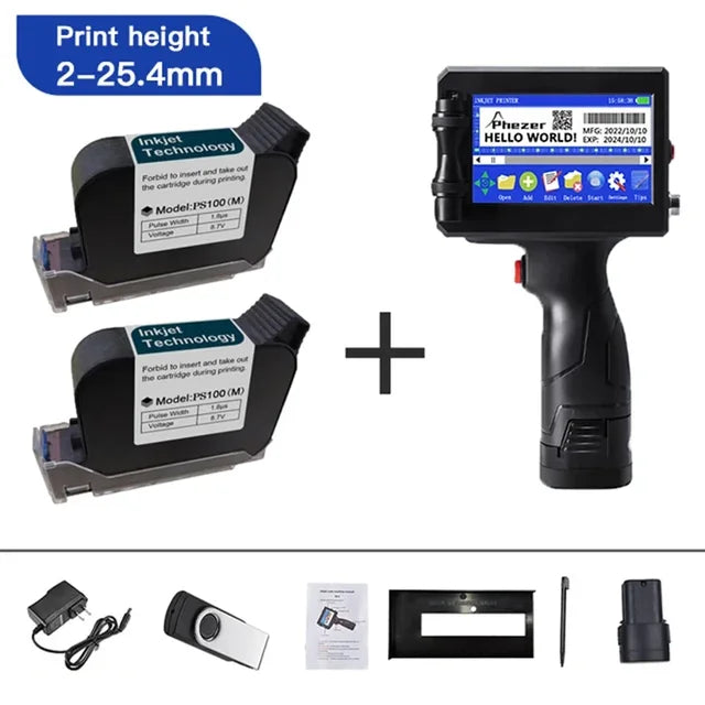 Phezer 12.7/25.4mm Label Printer Handheld Inkjet Printer QR Bar Batch Code Date Number Logo Expiry Date Coding Machine Portable