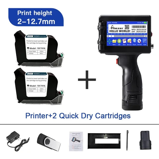 Phezer 12.7/25.4mm Label Printer Handheld Inkjet Printer QR Bar Batch Code Date Number Logo Expiry Date Coding Machine Portable