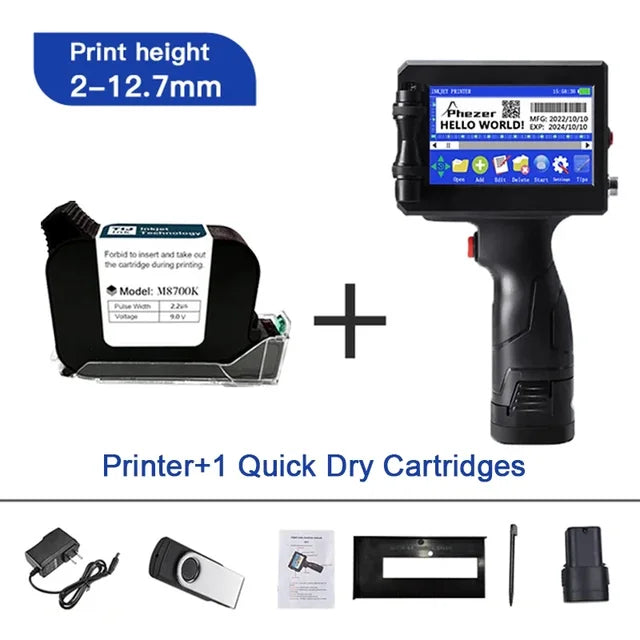 Phezer 12.7/25.4mm Label Printer Handheld Inkjet Printer QR Bar Batch Code Date Number Logo Expiry Date Coding Machine Portable