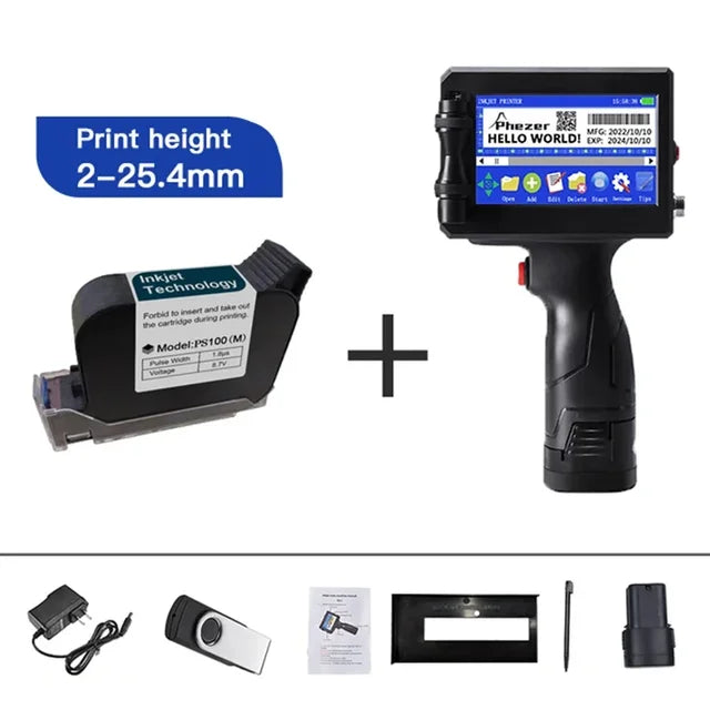 Phezer 12.7/25.4mm Label Printer Handheld Inkjet Printer QR Bar Batch Code Date Number Logo Expiry Date Coding Machine Portable