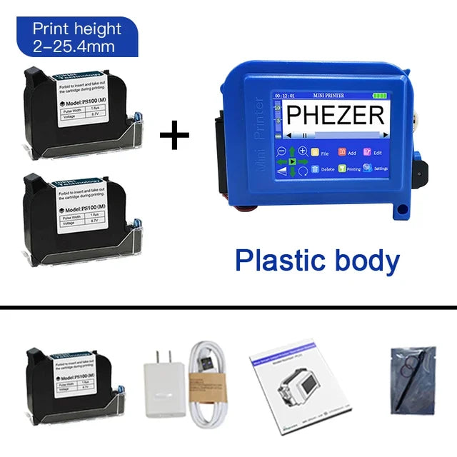 Phezer PC11Plus 12.7/25.4mm Mini Portable Printer QR Bar Batch Code Date Number Logo Expiry Date Handheld Inkjet Printer Label