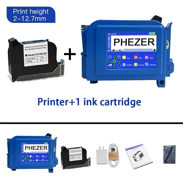 Phezer PC11Plus 12.7/25.4mm Mini Portable Printer QR Bar Batch Code Date Number Logo Expiry Date Handheld Inkjet Printer Label