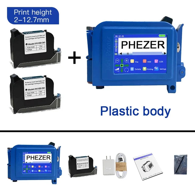 Phezer PC11Plus 12.7/25.4mm Mini Portable Printer QR Bar Batch Code Date Number Logo Expiry Date Handheld Inkjet Printer Label