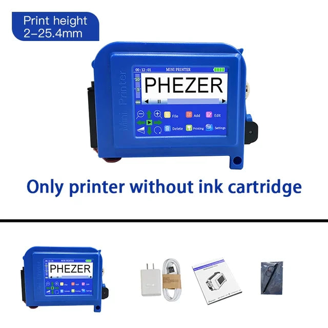 Phezer PC11Plus 12.7/25.4mm Mini Portable Printer QR Bar Batch Code Date Number Logo Expiry Date Handheld Inkjet Printer Label