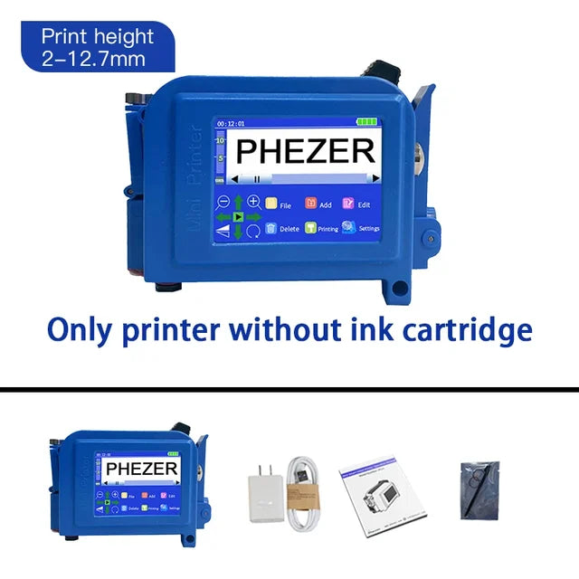 Phezer PC11Plus 12.7/25.4mm Mini Portable Printer QR Bar Batch Code Date Number Logo Expiry Date Handheld Inkjet Printer Label