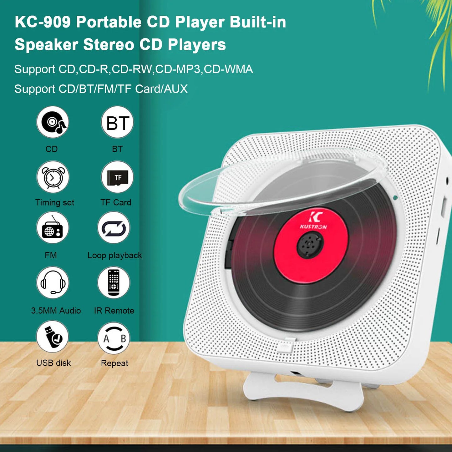 Portable CD Player Bluetooth Speaker Stereo CD Players LED Screen Wall Mountable CD Music Player with IR Remote Control FM Radio