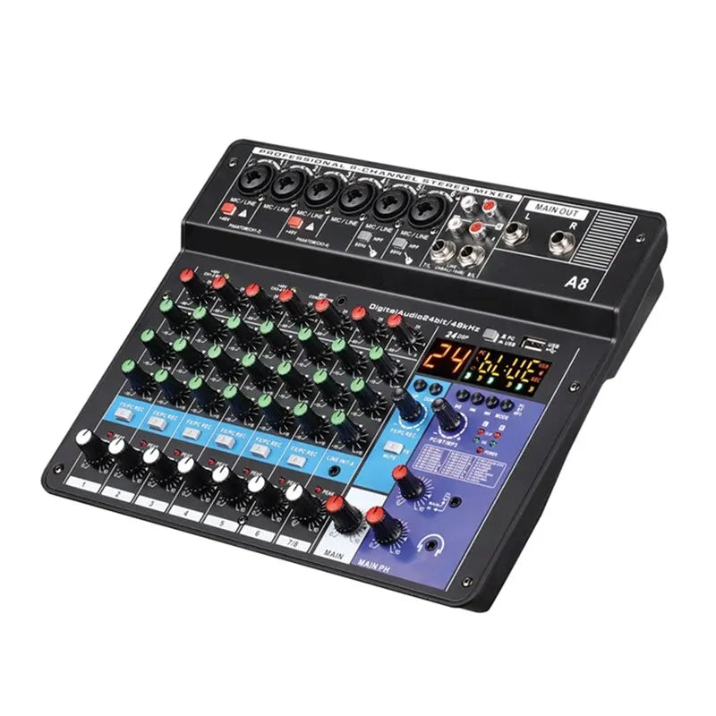 Professional Audio Mixer 8-Channel Sound Mixing Console A8 Support Bluetooth USB 48V Power Interface for Karaoke Party Recording