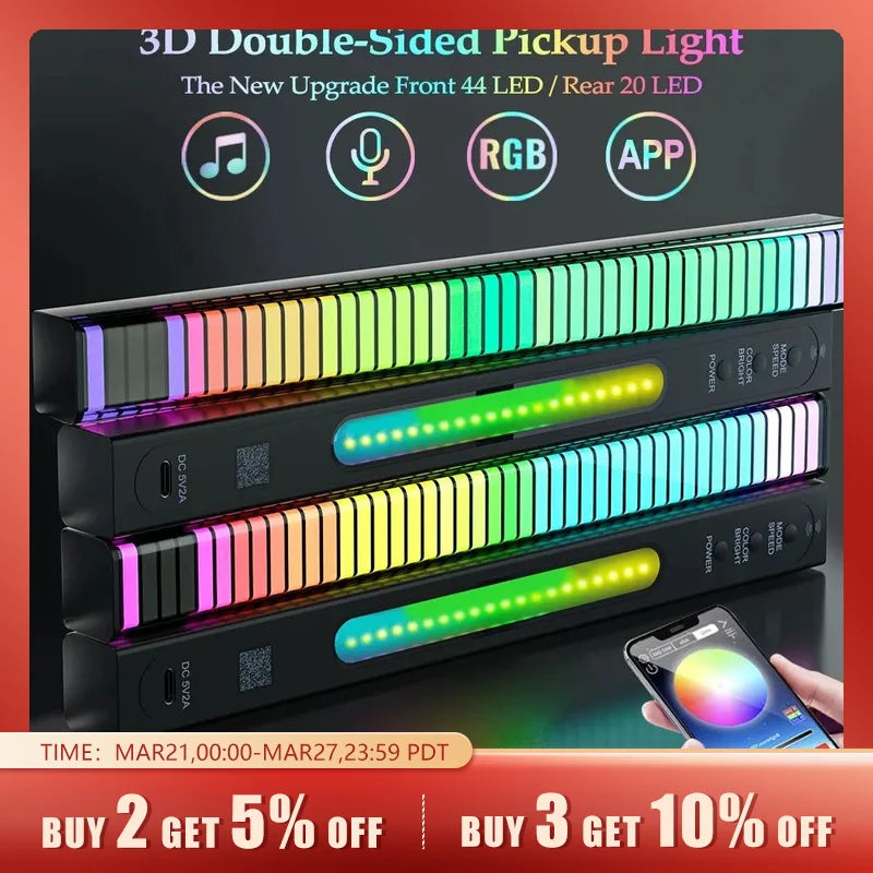 Smart RGB Pickup Lights LED 3D Double Sided Ambient Lamp APP Control Sound Control Music Rhythm Lights for Car Gaming TV Decora