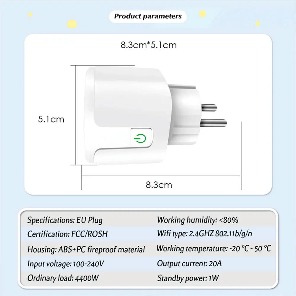 Smart Socket EU 16A/20A AC100-240V Wifi Smart Plug Power Outlet Alexa Google Home Voice Control  Tuya Smart Life APP