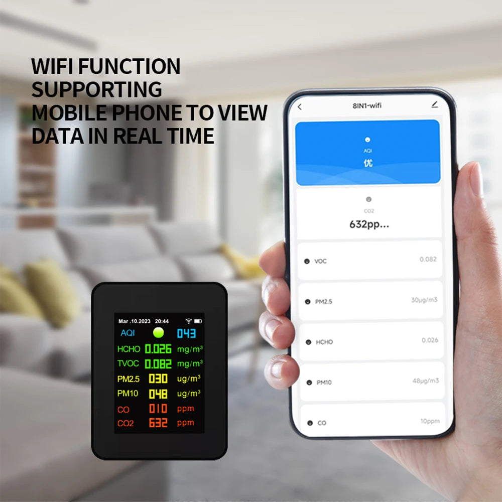 Tuya Wifi Air Quality Meter 7 in 1 PM2.5 PM10 Carbonic Oxide Carbon Dioxide TVOC HCHO AQI Tester TFT Carbon Dioxide Detector