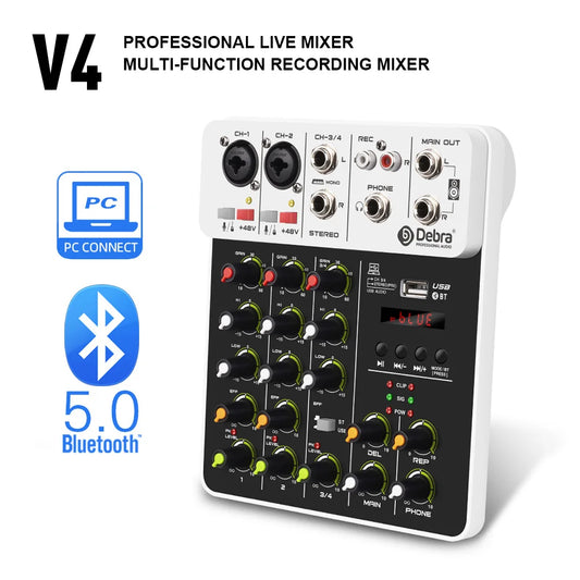 V4 Audio Interface Mixing Console Bluetooth USB Record PC 48V Phantom Power Delay Repaeat Effect 4 Channels USB Audio Mixer.