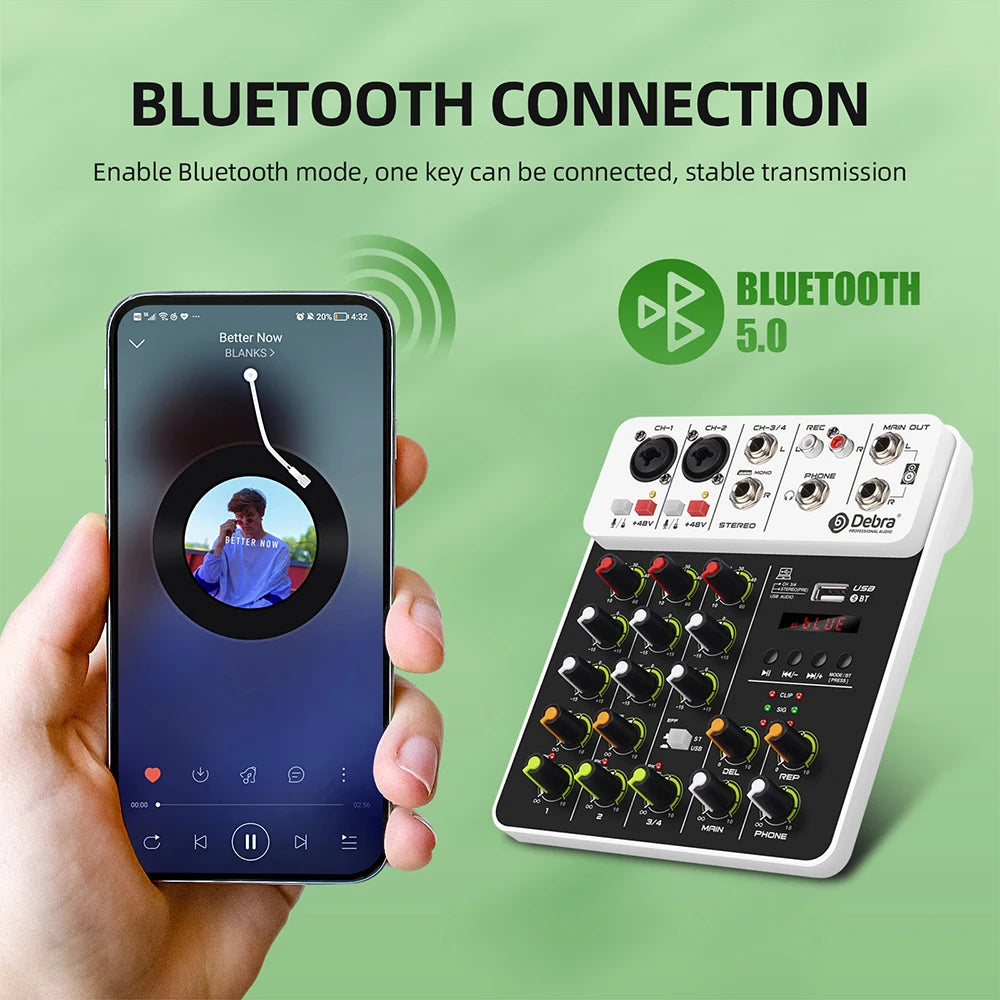 V4 Audio Interface Mixing Console Bluetooth USB Record PC 48V Phantom Power Delay Repaeat Effect 4 Channels USB Audio Mixer.