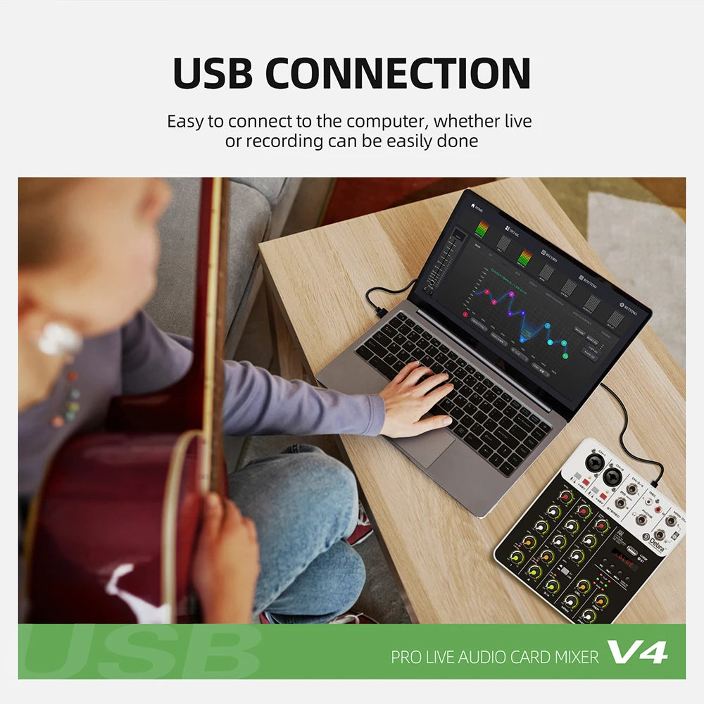 V4 Audio Interface Mixing Console Bluetooth USB Record PC 48V Phantom Power Delay Repaeat Effect 4 Channels USB Audio Mixer.