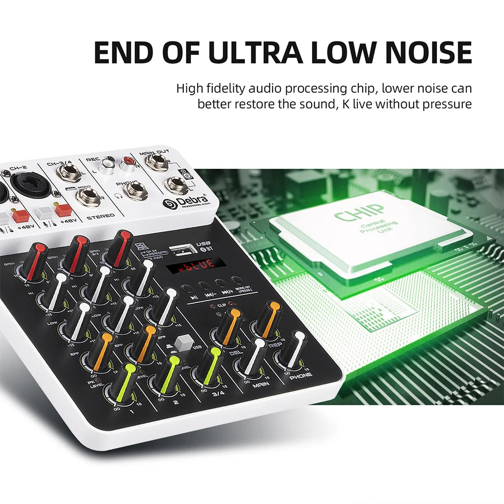 V4 Audio Interface Mixing Console Bluetooth USB Record PC 48V Phantom Power Delay Repaeat Effect 4 Channels USB Audio Mixer.